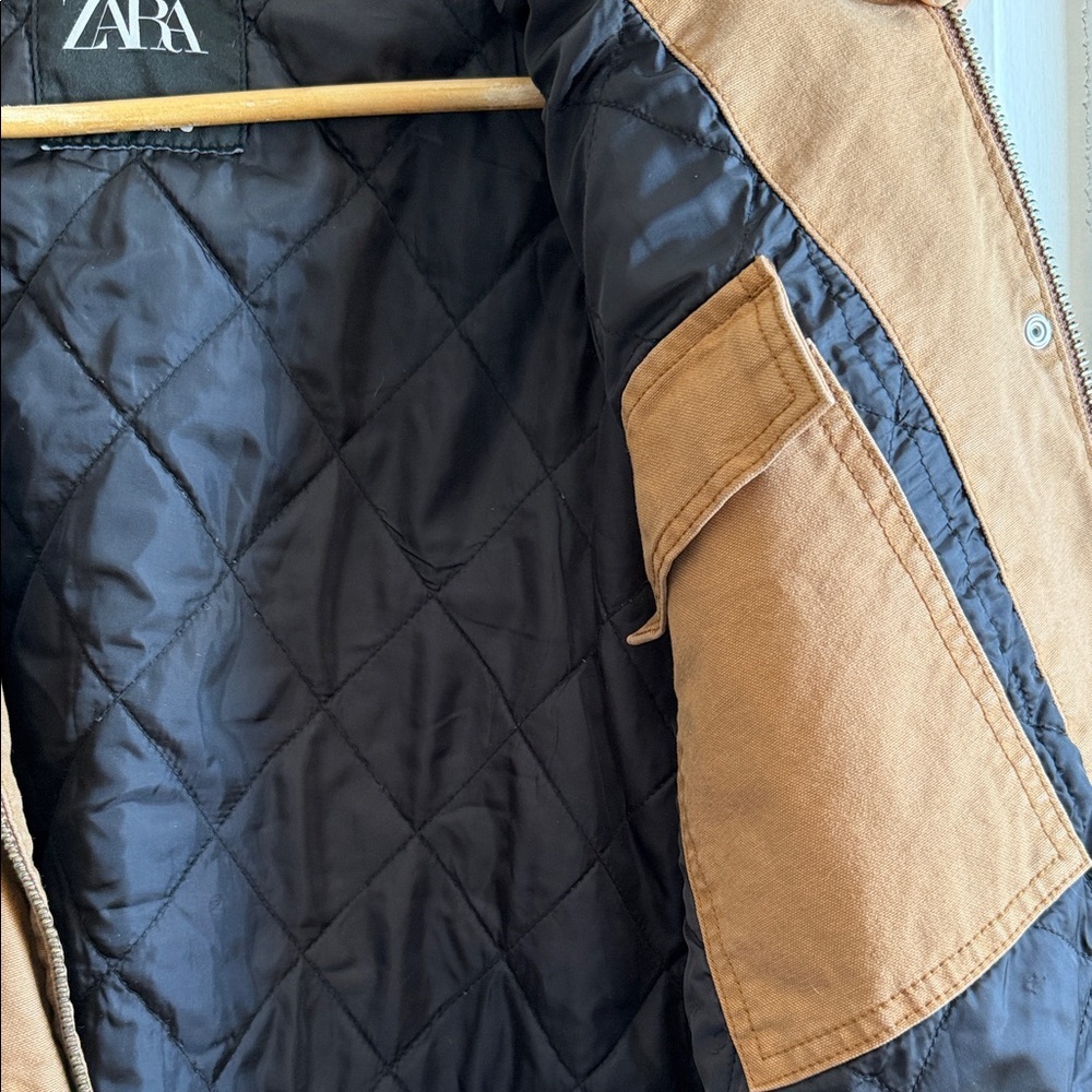 Zara ZW Contrast Collar Padded Oversized Jacket in Caramel Gorpcore NWT L - Picture 14 of 16